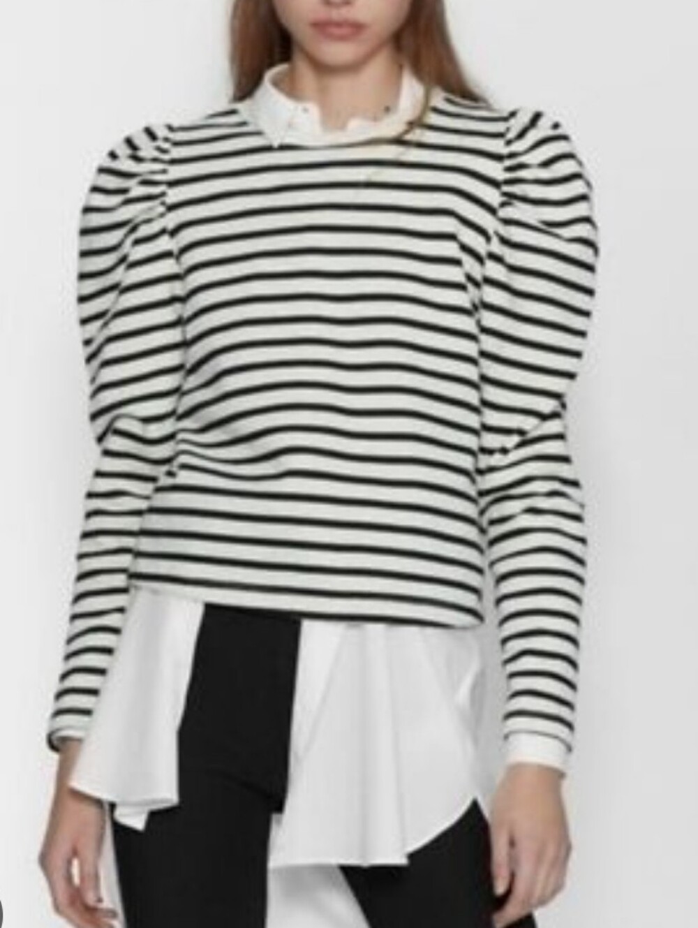 Zara Black & White Striped Puff-Sleeve Cropped Sweatshirt